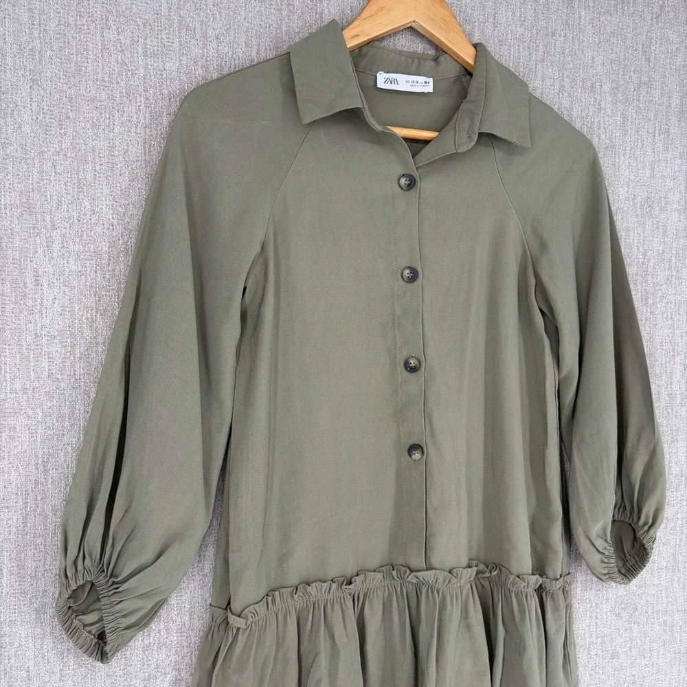 Zara Drop Waist Ruffle Hem Shirt Dress Girls 13-14 Olive Green Long Sleeve